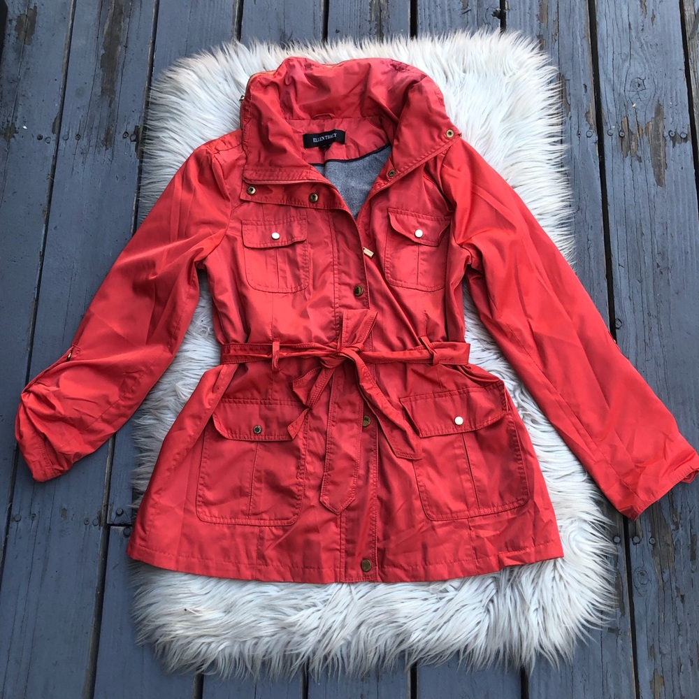 Ellen Tracy Hooded Belted Coral Pink Red Utility Jacket Windbreaker size PM
